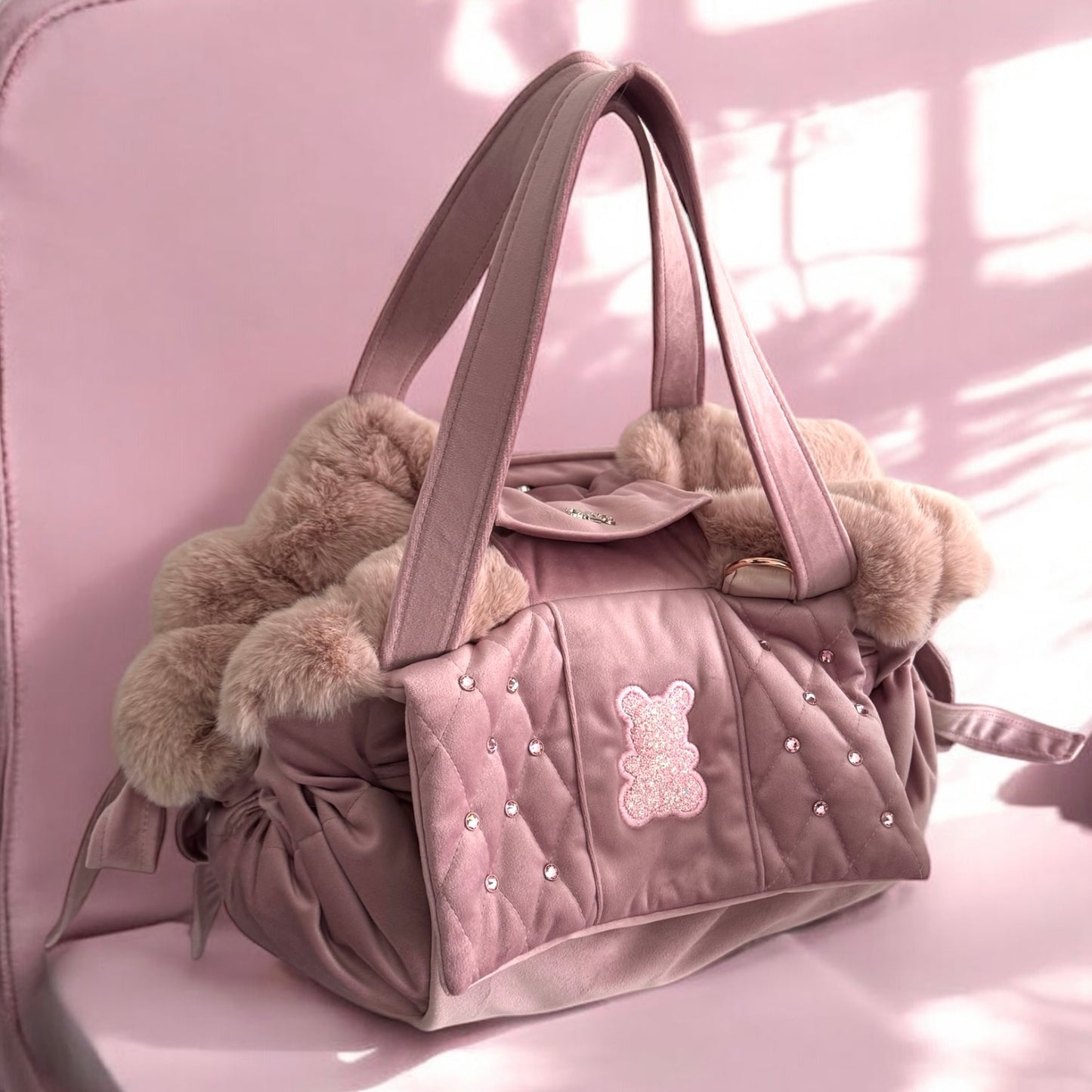 Stella dog carrier bag in quilted beige velvet