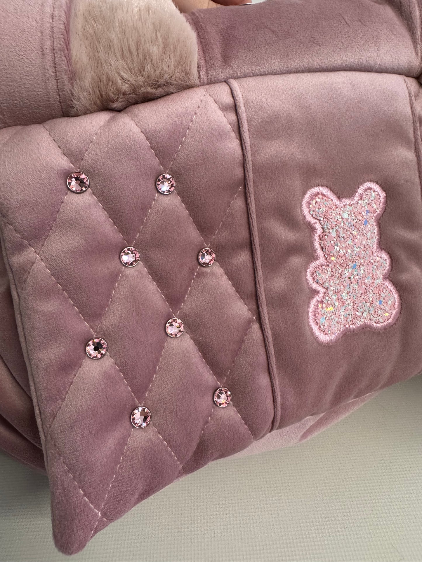 Stella dog carrier bag in quilted beige velvet