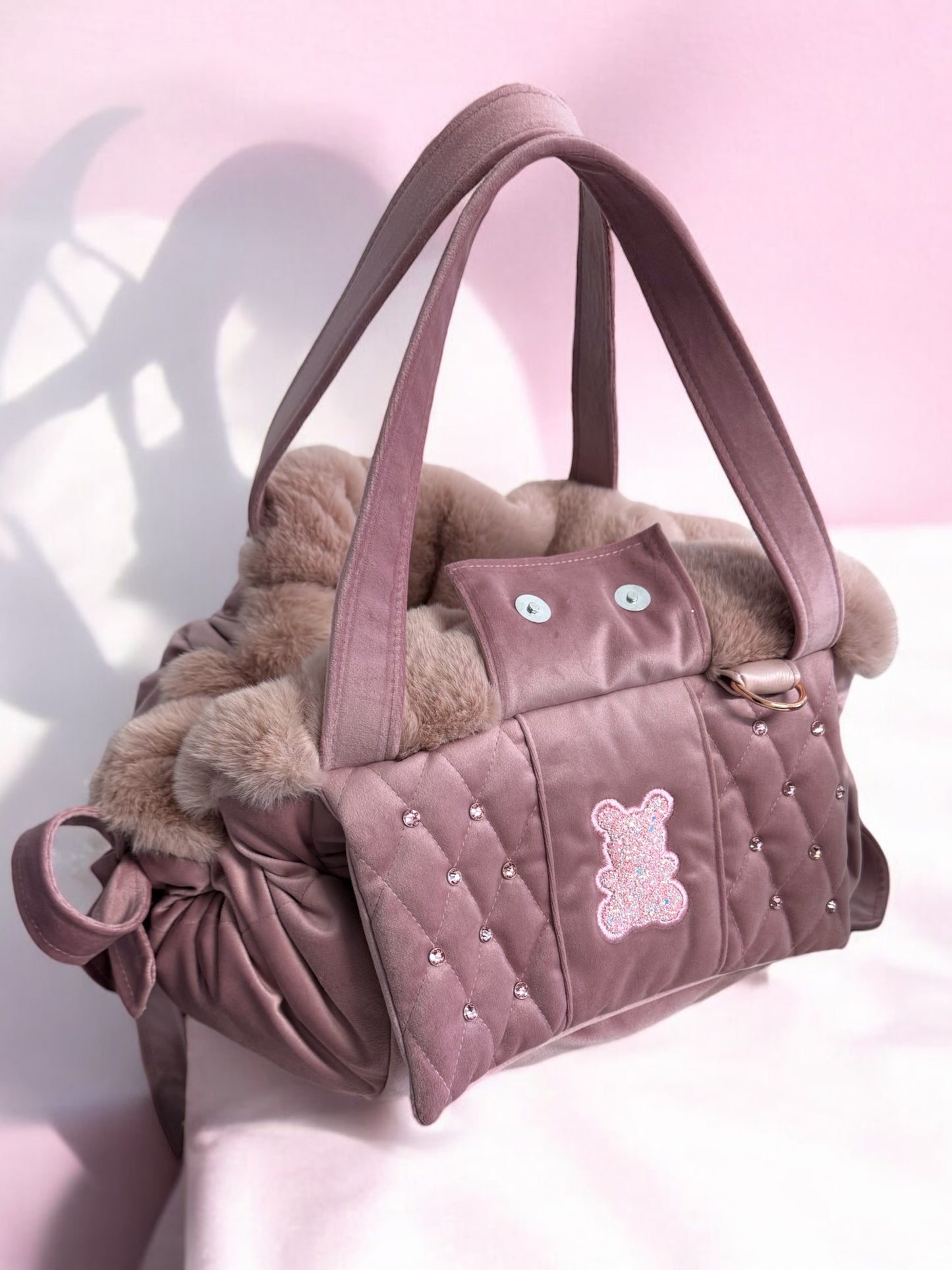 Stella dog carrier bag in quilted beige velvet