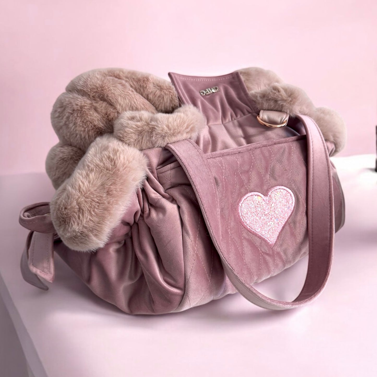 Stella dog carrier bag in quilted beige velvet