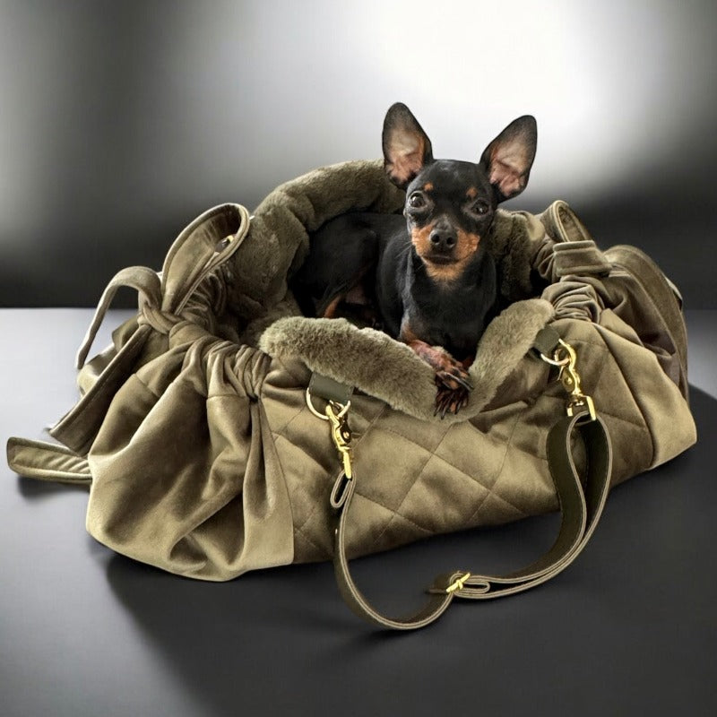 Stella dog carrier bag in quilted beige velvet - Main Image