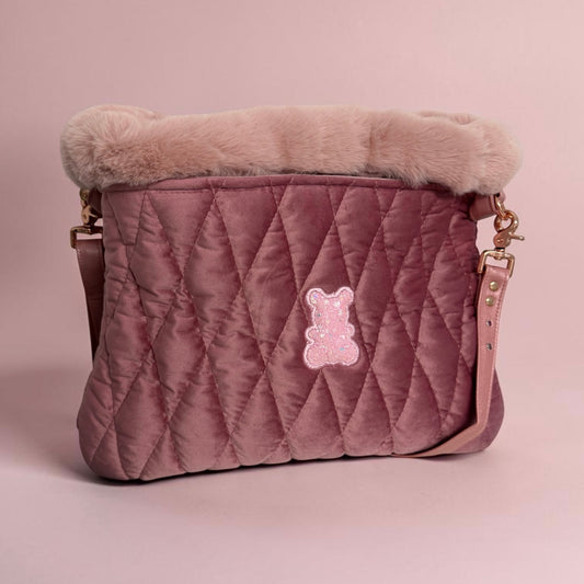 Sac bandoulière pour petit chien en velours rose