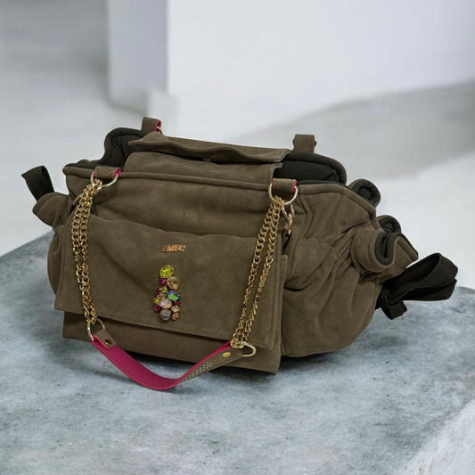 Sac de transport pour chien Stella en cuir nubuck kaki