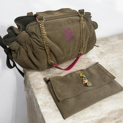 Sac de transport pour chien Stella en cuir nubuck kaki